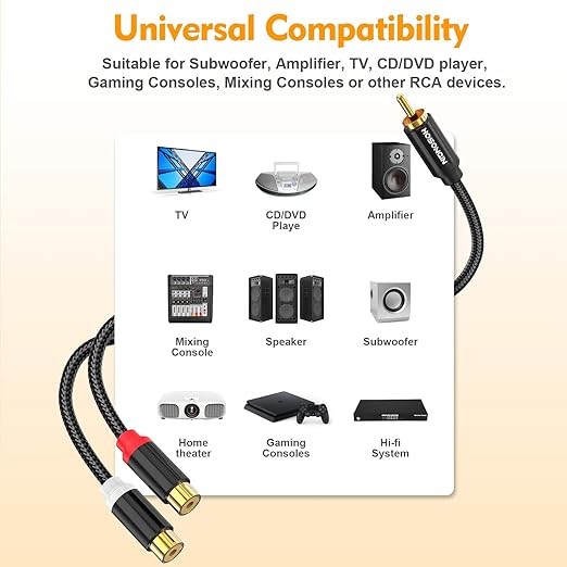 HOSONGIN RCA Splitter 1 Male 2 Female Audio Cable (2 Pack), 24K Gold-Plated Plug, Cotton Braided Jacket, Dual Shielded Y Splitter Adapter for Amplifiers, TV, Home Theater, Hi-Fi Systems -12 inch