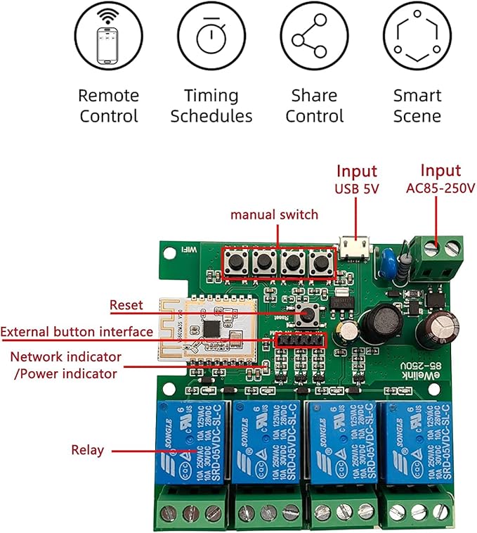 Newgoal 4 Channel Smart WiFi Relay Switching Module USB 5V/AC85V-250V, Supports Bluetooth Control, eWeLink App Remote Control, for Alexa Google Home
