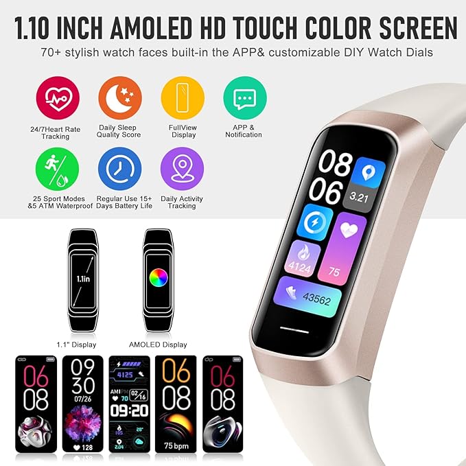 Fitness Tracker with 24/7 Heart Rate Blood Oxygen Sleep Monitor, 1.1" AMOLED Touch Screen Activity Tracker Smart Watches, IP68 Waterproof Step Counter Pedometer for Women Men