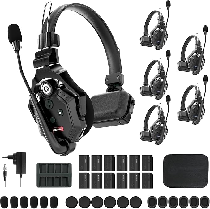 Hollyland Solidcom C1 Wireless Headset Intercom System 6-Person Full Duplex 1000ft Team Communication Group Talk Single-Ear Headset with 1 Master & 5 Remote Headsets