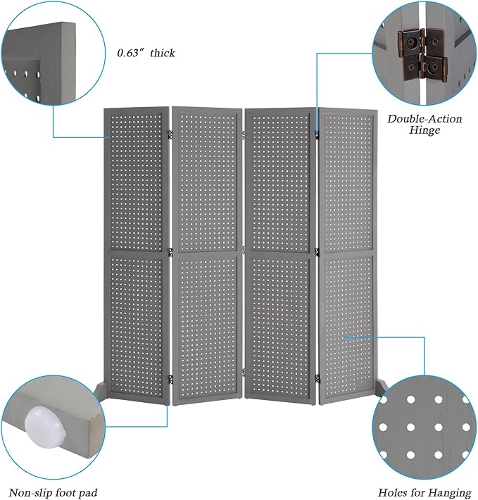 Bonnlo 4 Panel Pegboard Freestanding, 5 FT Portable Display Board Organizer for Craft Show Jewelry, Wooden Folding Privacy Screen Room Divider (with Base, Grey)