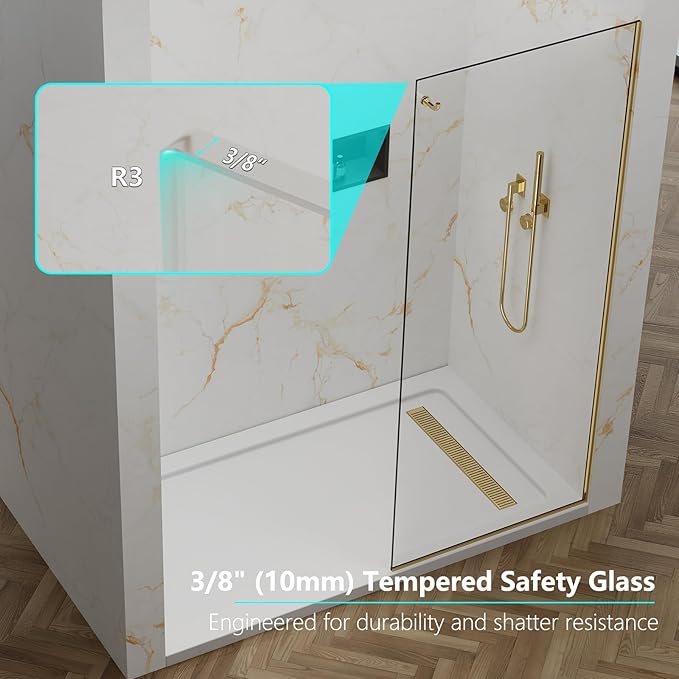 Shower Screen,32"W * 76"H Single Shower Glass Panel, 3/8"(10mm) Tempered Glass, Shower Wall Panels, Fix Shower Glass Screen for Bathroom - Brushed Gold