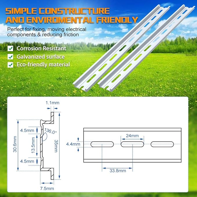 VAMRONE 20 Piece Aluminum DIN Rails, 12 Inches Long, 35mm Wide, 7.5mm High, Top Hat Slotted DIN Rail with RoHS