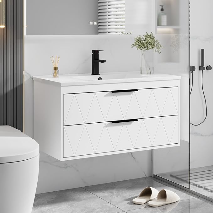 eclife 36" Bathroom Vanities Cabinet with Sink Combo, Wall Mounted Floating Cabinet W/Decor Line, Soft-Close System, 2 Extra Big Drawers, Matte Black Faucet, White