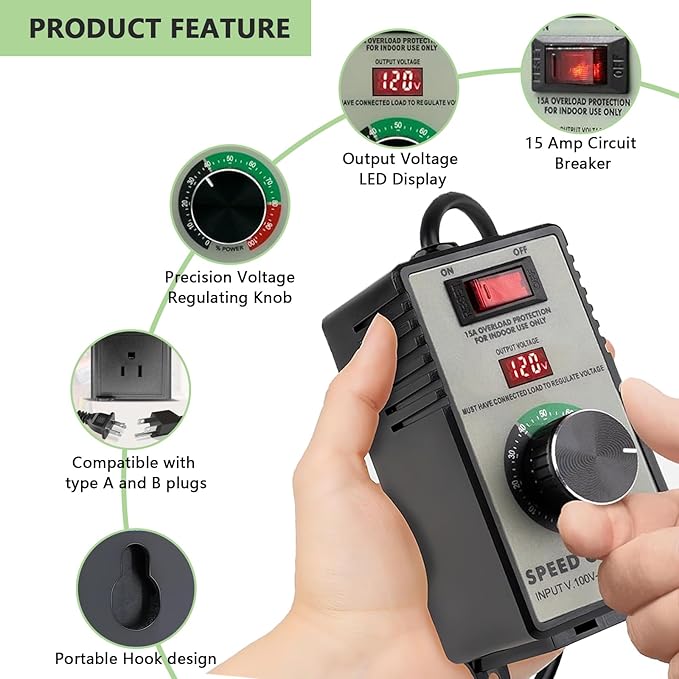 Cdmall AC Motor Speed Controller 120V 15A Max - Variable-Speed Controller & Fan Speed Control with Overload Protection and LED Display for Hydroponics Inline Duct Exhaust Ceiling Fans