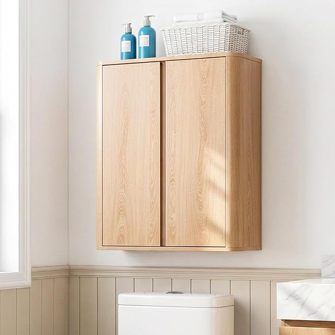 Wall Mounted Storage Cabinet, 2-Door Bathroom Medicine Cabinet with Adjustable Shelves, Modern Wood Hanging Organizer with Rounded Edges for Laundry Room, Kitchen