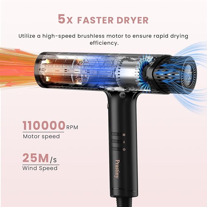 Prastiny Hair Dryer with Diffuser: Professional High Speed Quiet Ionic Blow Dryer - Intelligent Heat Control - Lightweight Portable Travel & Home for Women & Stylists Frizz Free Styling SGS Certified