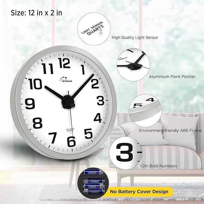 WallarGe Night Light Wall Clock for Bedroom - Silent Lighted up Wall Clock Glow in The Dark, Battery Operated Wall Clocks for Living Room/Kitchen, Easy to Read Large Digital Display, 12 Inch