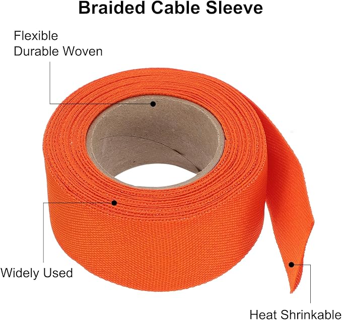 MECCANIXITY Braided Cable Sleeves Heat Shrinkable Fabric Sleeving, 1 1/4" 16ft Orange 2:1 Ratio Heat Shrinkable Cord Protector for Harness Cable, Network Cable Protection, Cable Management