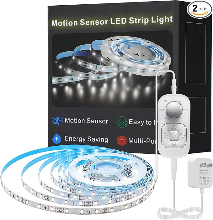 Feuymoent Motion Sensor LED Strip Light - Cabinet Strip Lights with 24W Plug, Dimmer and Timing,16.4ft 6000K ColdWhite