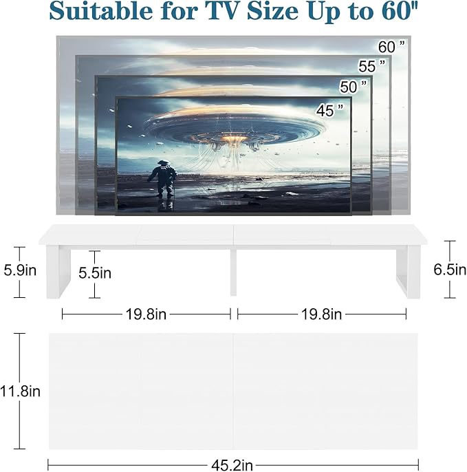 aboxoo 45" TV Riser for 32-60 inch TV, TV Riser Stand Shelf, Tabletop TV Stand Riser, Computer Monitor Table for Home Living Room, Study Office (White)