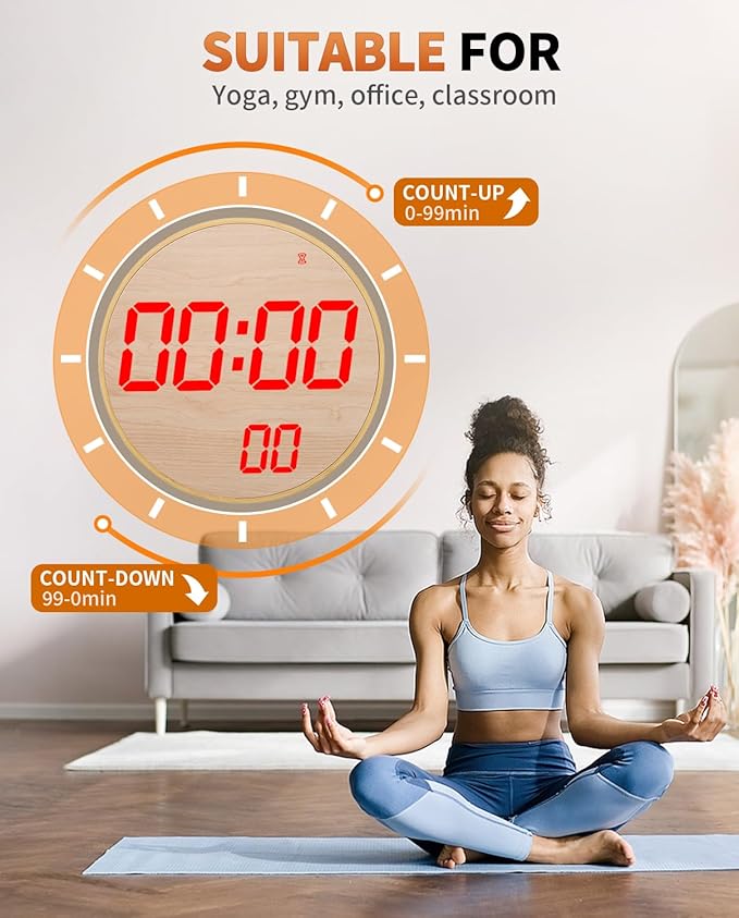 GLOKUUCA 12" Large Digital Wall Mount Clock, Count Down Timer, Alarm, Big LED, 12 RGB Color, Temperature for Living Room Classroom Desk (Bamboo Elements)
