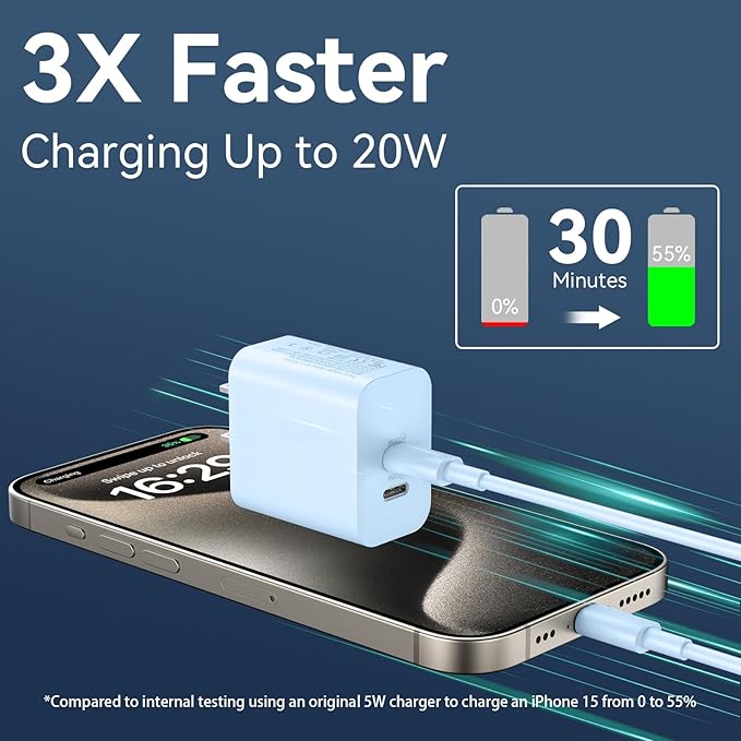 Fast Charger for Phone 17/16/15 Pro Max, 20W USB C Fast Charger Block with 6FT Long USB C to C Charging Cable Cord for Phone 17 16 15 Pro Max/17 16 15 Pro/17 16 15/16 15 Plus-Blue