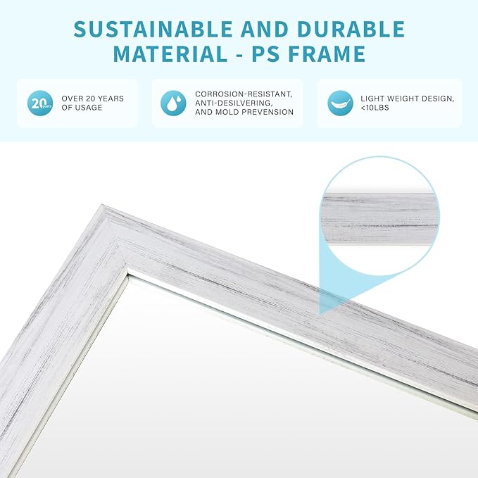 White Wood Effect Framed Wall Mirror, 20x30 Rectangle Mirror, 1/8" Anti-desilvering Tempered Glass, Sustainable& Sturdy Frame, Anti-Rust, HD Reflection &3min Fast Setup for Bathroom Living Room