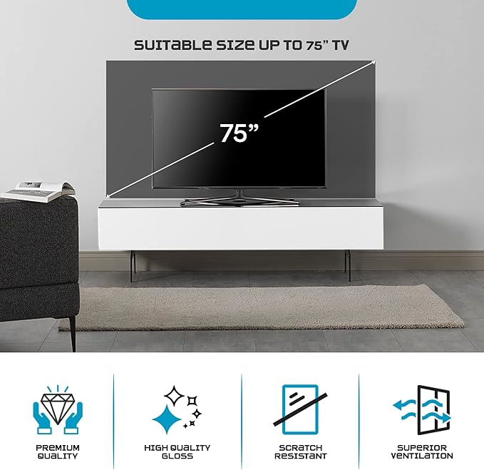 SONOROUS ST-360 Premium TV Stand for Living Room – Modern TV Stands & Entertainment Center with Storage – Black Glass & White Wood Cover – Luxury Media Console with Metal Legs for TVs up to 75 inches
