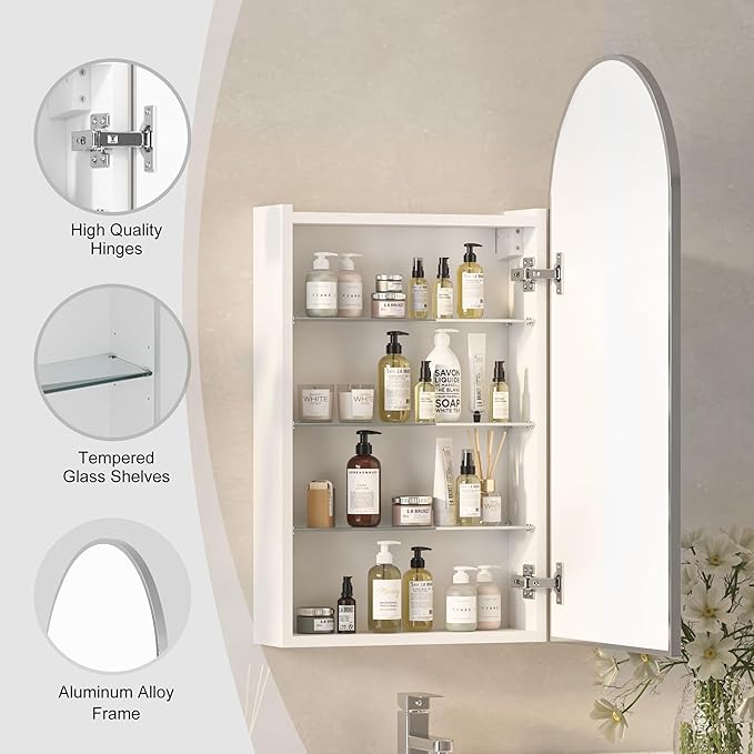 Arched Medicine Cabinets with Mirror,Wall Mounted Brushed Nickel Mirror Cabinet for Bathroom, Metal Edge,Arch Medicine Cabinet Mirror,Bathroom Mirror with Storage,16 x32 Inch