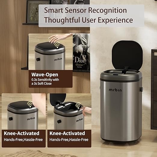 MRBIN Stainless Steel Adsorption Motion Sensor Trash Can Removable, 18L / 4.8gal Automatic Absorbing Bag Lidded Garbage Bin with Wheels, Waste Basket for Kitchen, Bathroom, Eclipse Grey