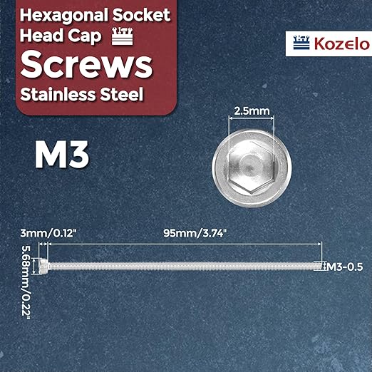 Kozelo 5pcs Socket Head Cap Screws - [M3-0.5 x 95mm] 304 Stainless Steel Allen Socket Drive for Electrical Motor 3D Printing Fan Engine Replacement Use, Silver