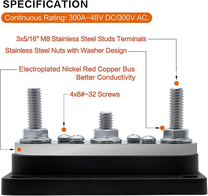 AMOMD 300A Bus Bars 3 Terminal Studs (5/16 inch) M8 4x8#-32 Screws Nickel Plated Copper Distribution Block Negative Electrical Buss Bars 12-48 V DC with Cover for Trailer Marine Boat Car RV (Black)