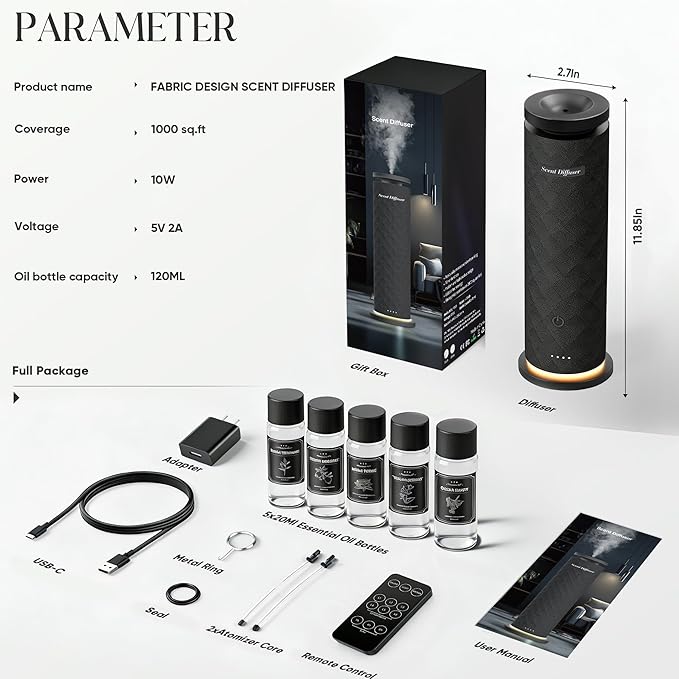 Waterless Scent Diffuser Starter Kit with 5 Oils, Luxury Hotel Style Cold Air Diffuser Oil Machine for Home, 1000 Sq Ft Coverage, Quiet Nebulizing Aromatherapy with Remote, Tower Fabric Design, Black