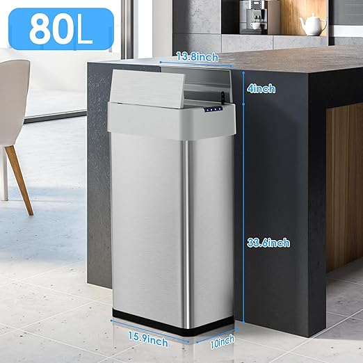 Arlopu 21.1 Gal Automatic Trash Can, 80L Stainless Steel Motion Sensor Garbage Bin, Touchless Brushed Wastebasket, W/Butterfly, Soft-Close Lid, for Living, Dinning Room, Kitchen (Silver)