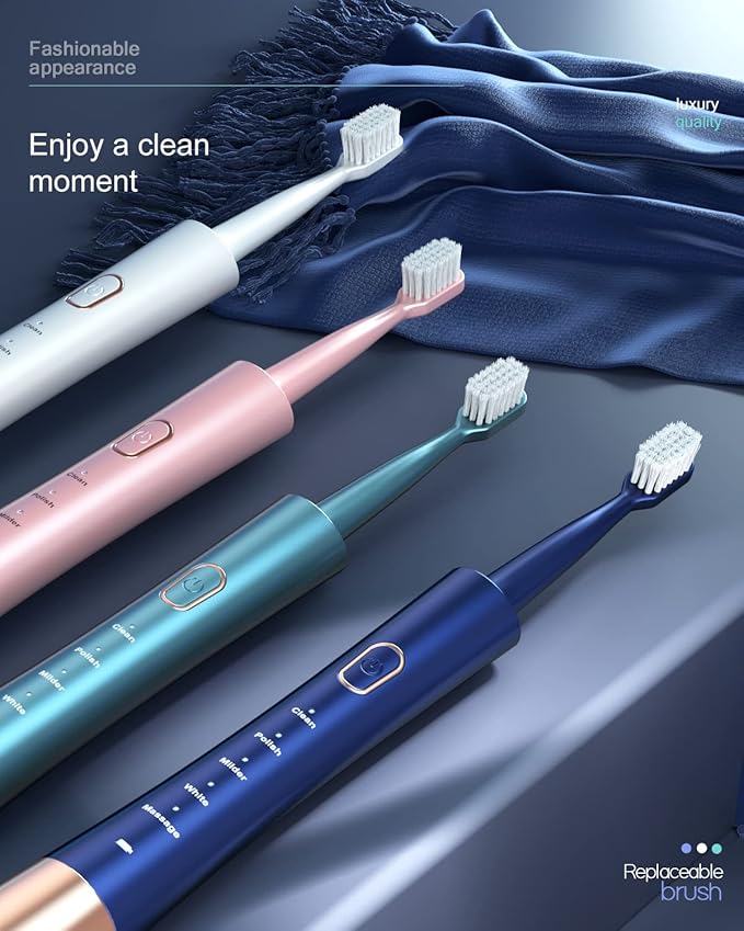 AJELU IPX7 Waterproof Sonicare Electric Toothbrush, 2-Hour Fast Charge with Intelligent Time Reminder, 5 Modes, 8 Brush Heads, Travel, Indoor, Outdoor, Blue