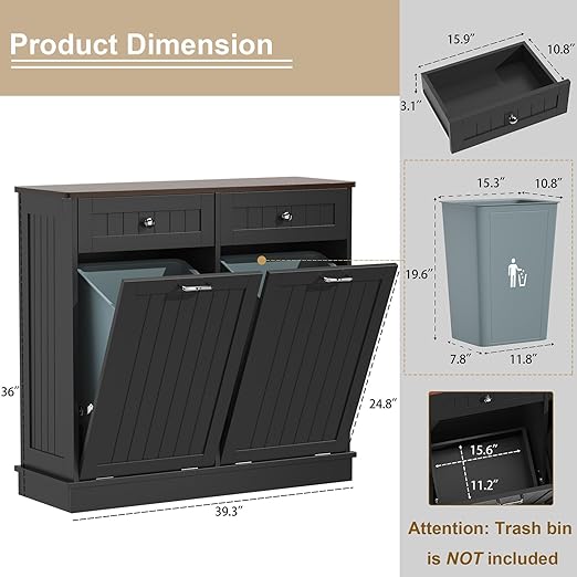 Tilt Out Trash Can Cabinet Dog Proof with Double Wood Hidden Trash Can Holder, Kitchen Free Standing Recycling Cabinet（Black）