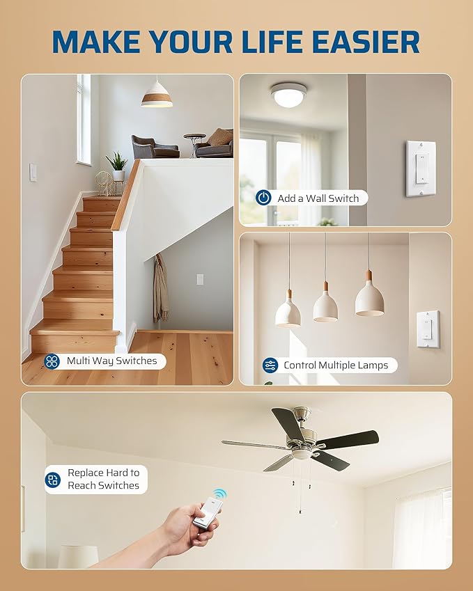 DEWENWILS Wireless Light Switch and Receiver Kit, 15A, No Wiring, No Interference, 100FT Control Range, Remote Light Switches Wireless for Lamp, Ceiling Light, Fan, 2 Transmitter+1 Receiver