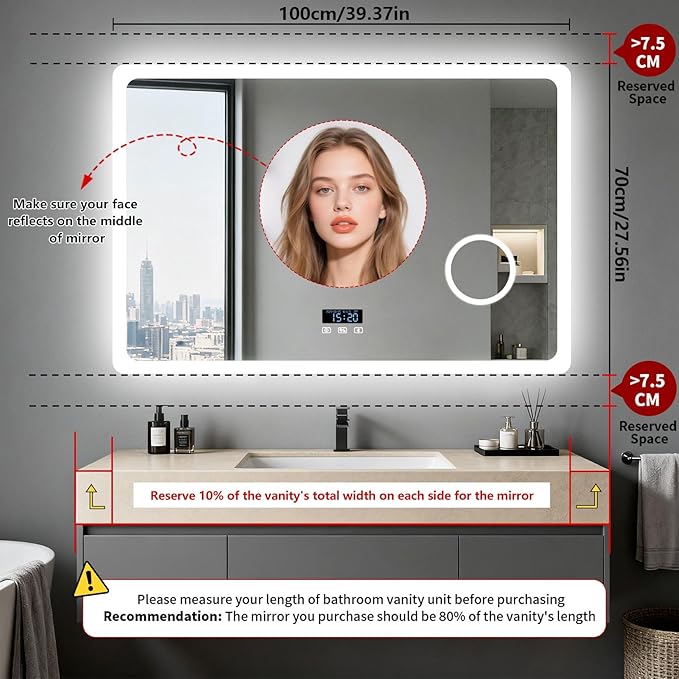 LUVODI Bathroom Mirror LED Lighted: 40x24 inch Rectangle Makeup Vanity with Bluetooth Speaker, Time Display, Magnifier, Anti-Fog, Memory Function, 3 Color Temperature