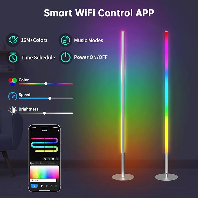 Marlrin RGBW Floor Lamp, Color Changing Standing LED Corner Lamp, Modern Lamp with Music Sync, Compatible with Alexa，Wi-Fi APP and Remote Control, 57.8" Floor Lamp for Living Room and Bedroom, Silver