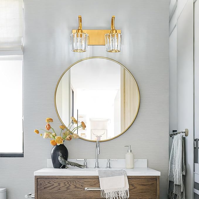 FDPBY Modern Bathroom Vanity Light, 2-Light Gold Wall Sconce with Crystal Accents, Over Mirror Bathroom Lighting Fixture, 13.77" Long Dimmable Vanity Lamp for Makeup, Easy Installation