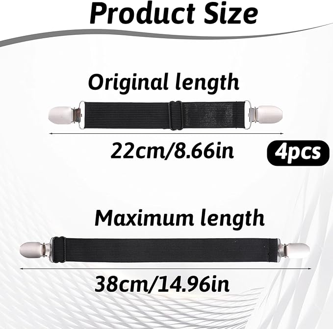 Xyembu 4Pcs Ironing Board Cover Clips Adjustable Ironing Board Pad Braces Fasteners Mini Suspenders Elastic Straps Clips for Secure and Tight Fit Corners Couch Covers Stays Bands(Black)
