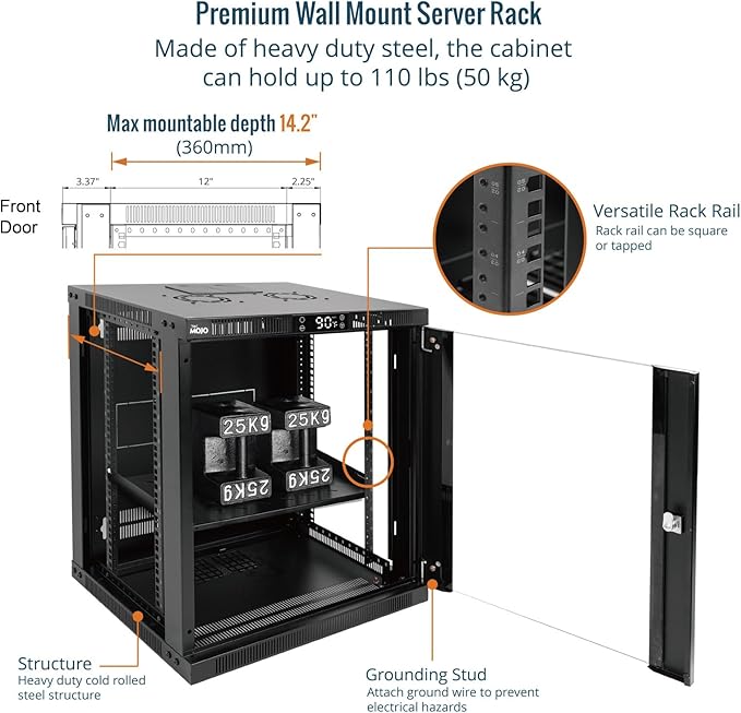 Tecmojo 12U Wall Mount Rack with Thermostat, 17.7inch Depth Enclosed Server Cabinet with 2 Cooling Fans,Lockable Door & Hardware,12U Rack for 19inch Equipments,Glass Door