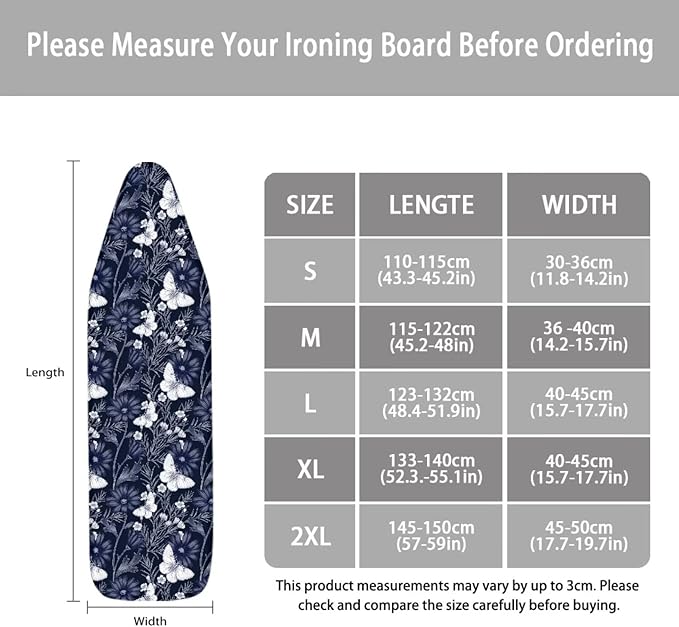 ZCFYGDX Ironing Board Covers Butterfly Blue Flower Print Lightweight & Breathable Anti-Slip & Wear-Resistant (15 x 48 in) Hook & Loop Elastic Edge Easy to Install, Scorch Resistant Decor Size-L