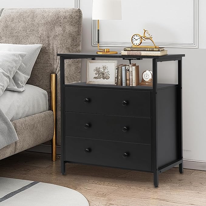 Edbuosy 3 Wooden Drawers Night Stand, 27 Inch Wide Nightstand with Charging Station and Adjustable Drawers, Small Dresser for Closet, Bedside Table for Living Room/Bedroom/Office