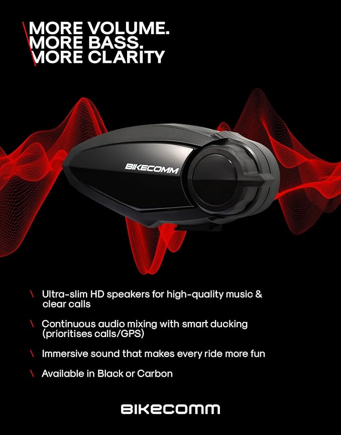 BIKECOMM BK-S2 Motorcycle Bluetooth Headset Intercom – 1200M Range Wireless Speakers - Helmet Communication System, IP67, Black, Twin Pack