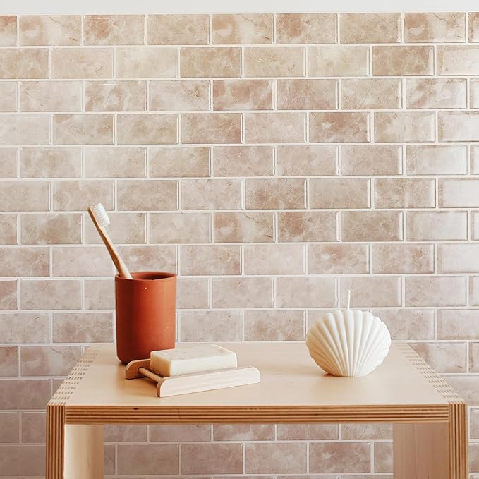 SMART TILES Peel and Stick Backsplash - Sheets of 10.95" x 9.70" - 3D Adhesive Peel and Stick Tile Backsplash for Kitchen, Bathroom, Wall Tile (Beige, Marble, Pack of 10)