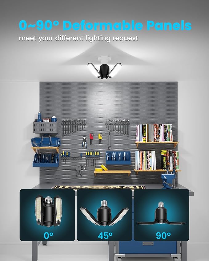 Kryoza 4-Pack Garage Lights with Motion Sensor, 8000LM Motion Sensor Light Indoor with 3 Deformable Design and Auto-Off, E26 Screw-in 6500K Motion Activated Bulbs for Ceiling/Basement