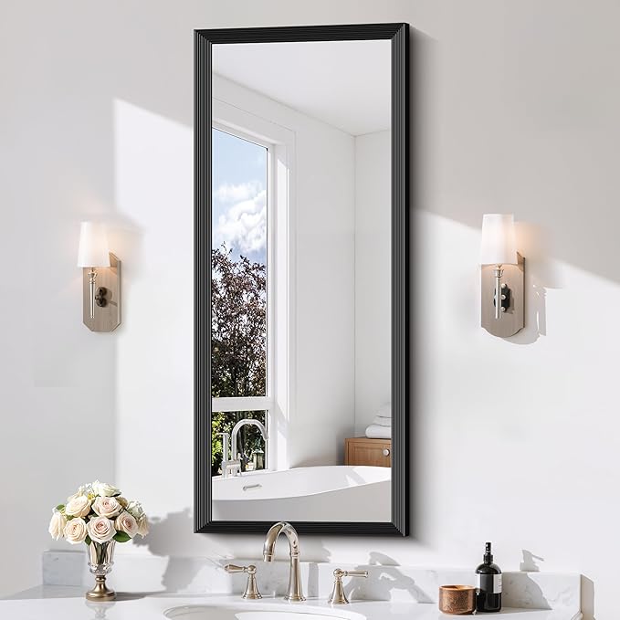 Black Bathroom Mirror 20 x 48 Inch Rectangle Wave Beveled for Wall Bathroom Vanity Mirror for Over Sink, Tempered Glass,for Entryway Hangs, Bathroom Living Room Horizontal or Vertical