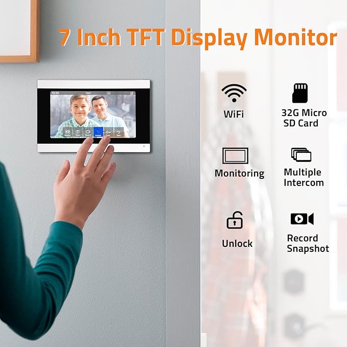 AMOCAM Wireless Video Doorbell Intercom with Monitor System, WiFi Video Intercom 1080P HD Metal Camera, 7 Inch Monitor with 32G Card Record, Tuya APP, 2-Way Audio, Unlock for Home Security System