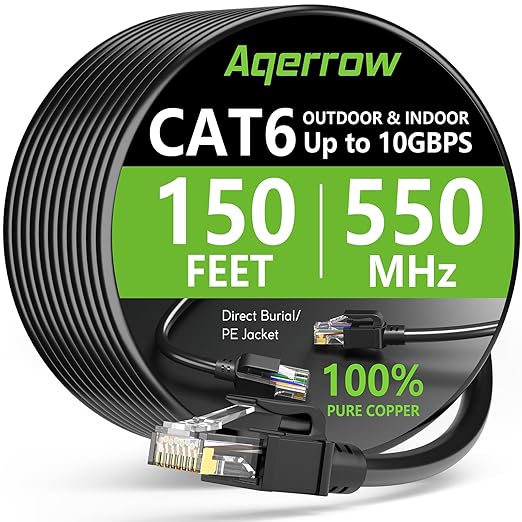 Aqerrow Cat6 Ethernet Cable 150FT, Outdoor Direct Burial Cat 6 Cable 24AWG High by EthernetCable