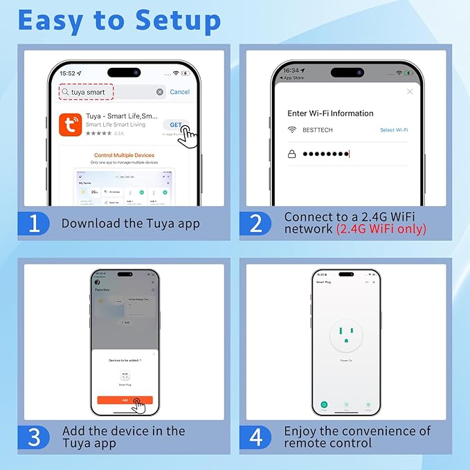 WiFi Smart Outlet Plug with Remote,GreenCycle Electric Smart Plug with Wall Switch,Compatible with Alexa and Google Home via Tuya,15A/1500W，Remote Control from Anywhere,TUV FCC List(2.4G)