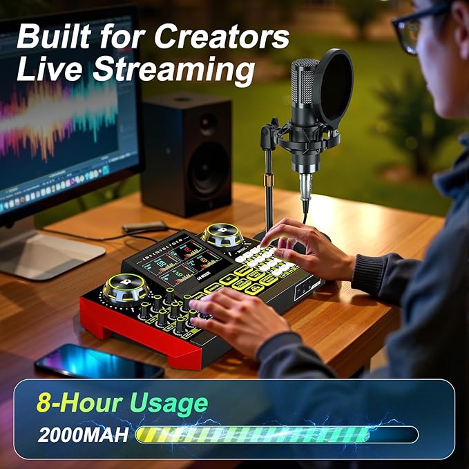 Podcast Microphone Bundle with Live Sound Card Audio Mixer, Podcast Equipment Bundle Sound Board with 3.5mm Condenser Microphone(P15) for Pc/Phone Live Streaming Singing Gaming,Voice Changer, Denoise