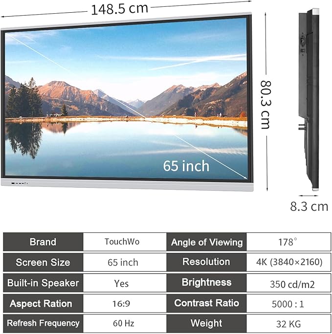TouchWo 65" Touchscreen Monitor Smart Board, 4K Interactive Presentation Electronic Whiteboard with Android 11, Digital Signage Display for Office, Classroom,RAM 4GB+ ROM 32GB
