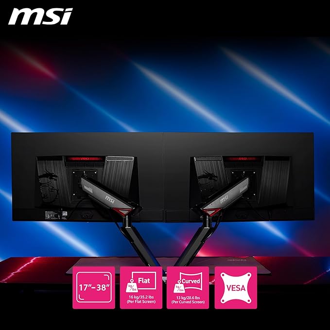 MSI MPG MT161DR - Premium RGB Dual Monitor Stand Arms, 17-38" Support, VESA Compatible, Adjustable Spring Assisted Mount, 35.2 lbs per Screen Capacity, Clamp & Grommet, Quick Release Plate - Black