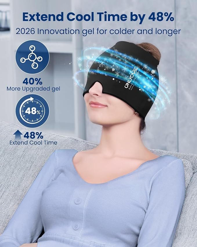 ONLYCARE Migraine Relief Cap, Upgraded Odorless Headache Relief Cap, 360° Gel Surround Ice Pack Mask for Migraine, Sinus, Stress, Frontal Headaches (Black)