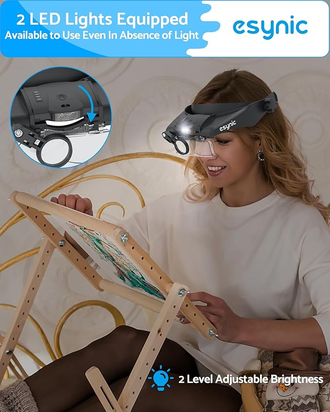 eSynic Type-C Rechargeable Magnifying Glasses Headset-Up to 13X Magnification-5 Interchangeable Lens-2 LED Lights -2 Adjustable Brightness Levels-Comfort & Fit Headband Magnifier for Reading/Jewelry