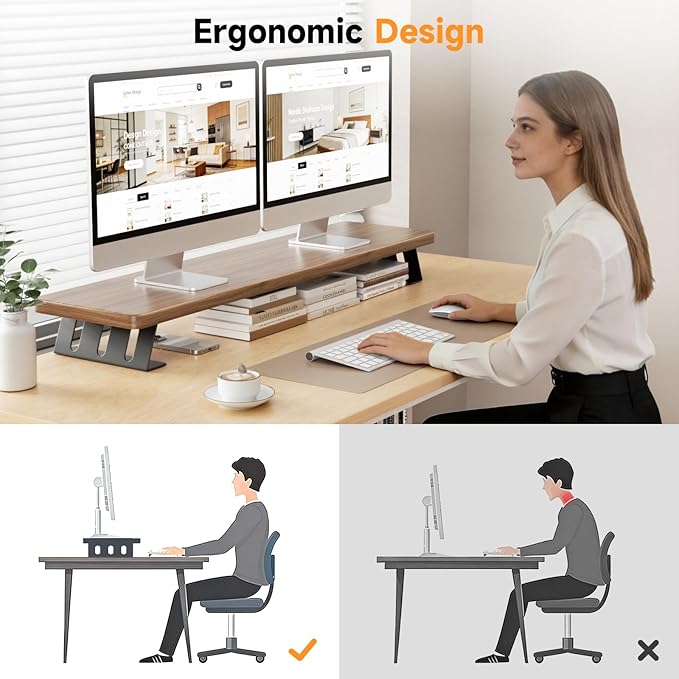 NestNeat Dual Monitor Stand Riser, 39 Inch Large Wood Monitor Stands for 2 Monitors, Desk Monitor Riser for Computer/Laptop/Printer/TV, Stand Riser up to 220 lbs