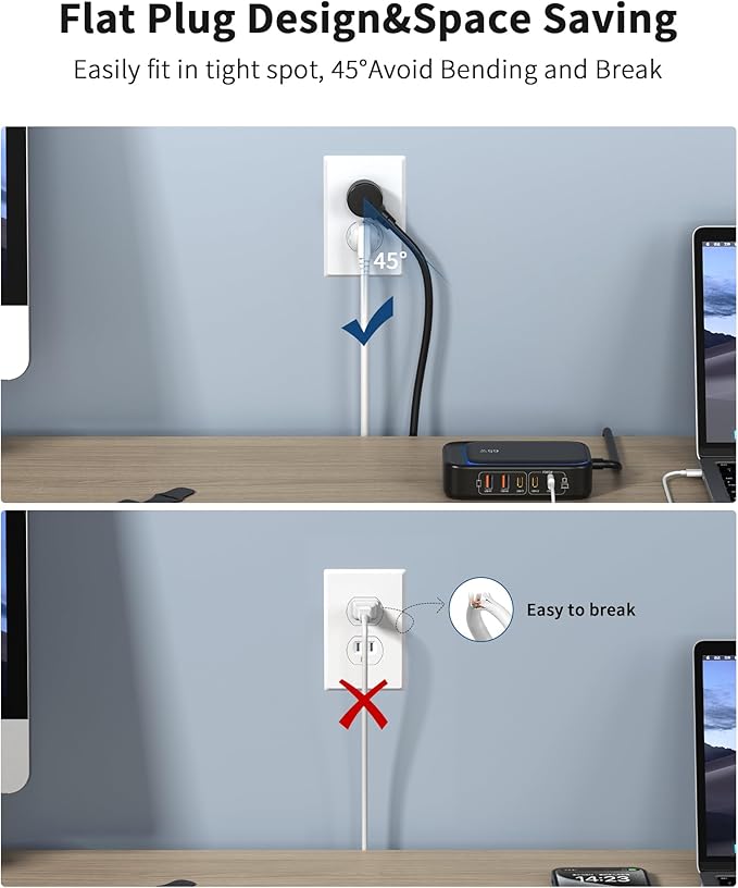 KWRNVO 7-in-1 Power Strip, 85W PD USB C Power Strip with 3 USB-C, 2 USB-A Ports and 2500W AC Outlet, Flat Plug Essentials for Home/Office/College/Travel (Black)