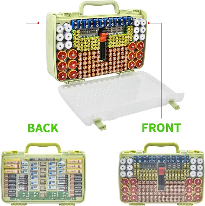 Aptbyte Battery Organizer Storage Holder Box Case with Tester- 269 Batteries Double-Sided Variety Pack, Holds AA AAA 4A C D Cell 9V 3V Lithium LR44 CR2 CR123 CR1632 18650 Button- Green (Box Only)